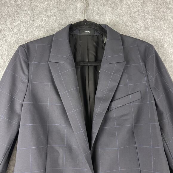 Theory Etiennette B Good Wool Blazer Womens 10 Blue Traceable Grid Career NWT - Picture 2 of 16